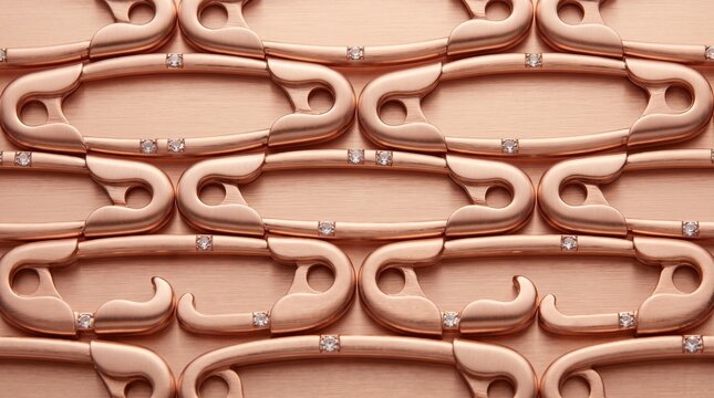 Interlocked rose gold safety pins grid pattern, background texture