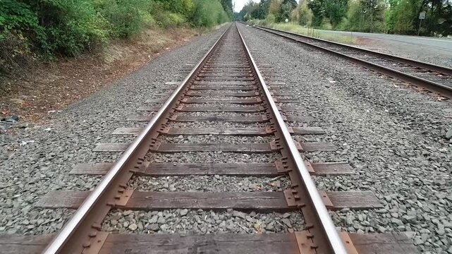 Drone peerspective flying between railroad tracks