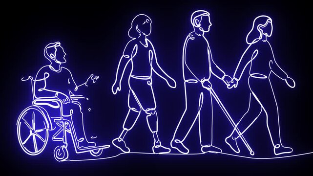 Purple Neon Diverse Disability Group Walking Inclusion Continuous Line Art Animation