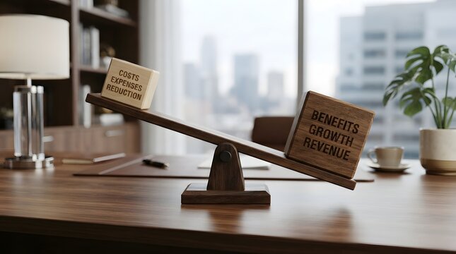 Conceptual image of a wooden seesaw on an office desk showing benefits, growth, and revenue outweighing costs and expenses, representing financial success and strategic business planning.