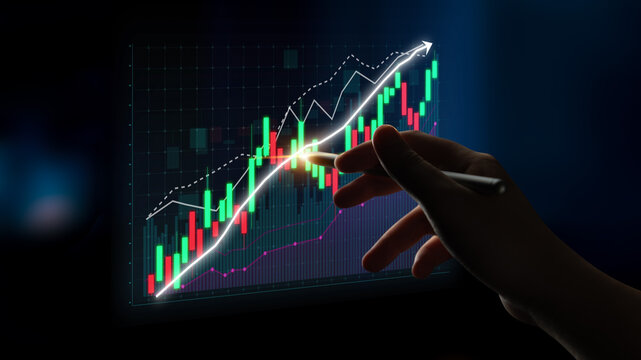 A hand interacts with a financial chart displaying multi-colored candlestick patterns and an upward arrow, symbolizing stock market trends and data analysis. Impute