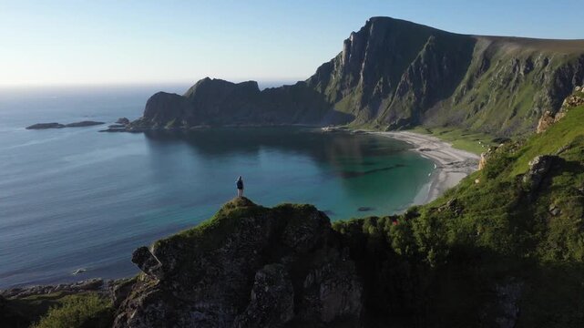 Aerial view of deserted beach in front of impressive mountain scenery, at M&aring;tinden, near Stave, Nordland, Norway