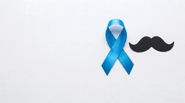 International Men&rsquo;s Day concept with a blue awareness ribbon and mustache on white background for prostate cancer health campaign and support