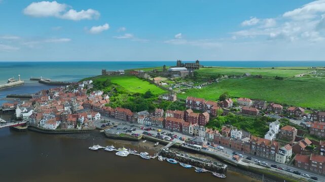 Whitby over River Esk from a drone, North Yorkshire, England, United Kingdom