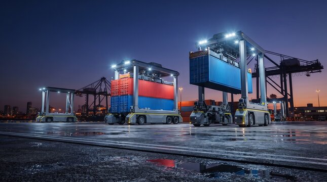 Autonomous Electric Straddle Carriers Moving Shipping Containers in Smart Modern Automated Maritime Freight Terminal at Dusk