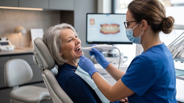 Older Woman Receiving Digital Intraoral Scan During Modern Dental Examination