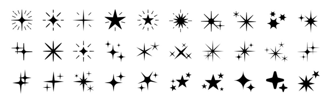 Black vector starburst icons and sparkles set on white background