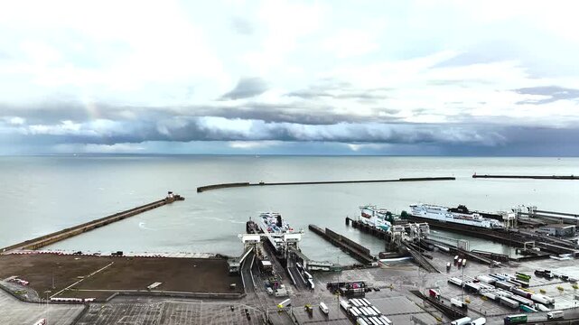 Port of Dover from a drone, White Cliffs, Dover, Kent, England, United Kingdom