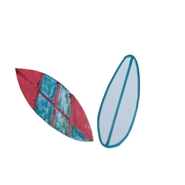 Two surfboard shaped paper cutouts with a red and blue patterned and a plain white on a plain , flat lay view isolated on a transparent background