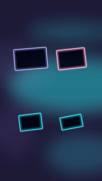 Four glowing neon rectangles in pink, blue, and cyan float on a teal-purple gradient, conveying playful interactivity for tech landing pages.