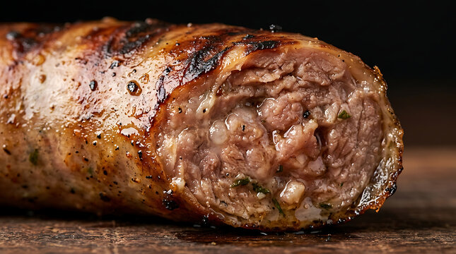 Juicy grilled sausage closeup, revealing raw meat texture and herbs, appetizing macro shot