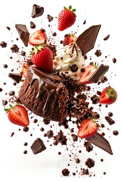 Delicious chocolate lava cake with fresh strawberries and whipped cream exploding on white background.