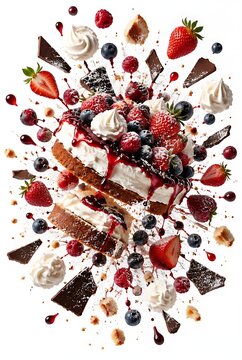 Delicious layered cake with fresh berries and chocolate pieces exploding in the air.