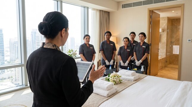 Female hotel manager or housekeeping supervisor with a digital tablet conducting a morning briefing for a team of maids. Staff training, quality inspection, and teamwork concept in a luxury hotel room