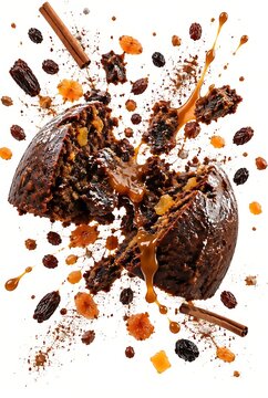 Delicious Christmas pudding exploding with caramel sauce cinnamon sticks and dried fruits on white background.