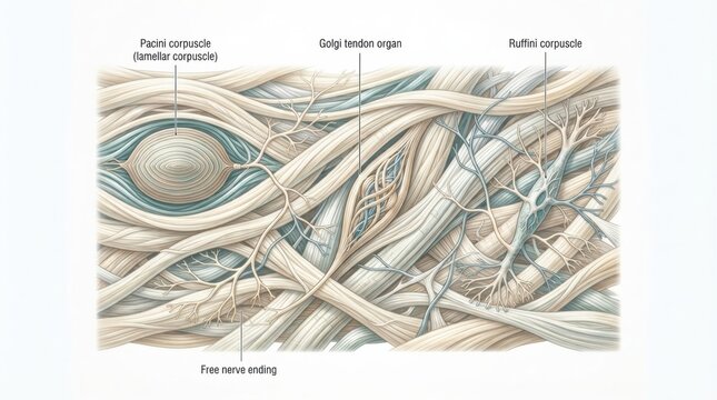 Visual representation of fascia structures and mechanoreceptors shows their connections in the body.
