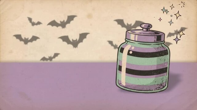 Retro candy jar decoration swaying on purple halloween copy space