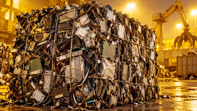 Compacted Bale of Electronic Waste and Circuit Boards for Recycling in Industrial Scrap Yard Facility at Night