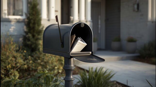 Open Metal Mailbox Filled with Letters and Envelopes Outside Suburban House