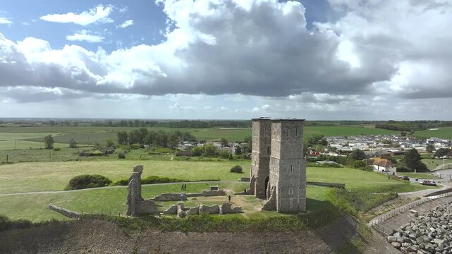 Reculver Towers and Roman Fort from a drone, Herne Bay, Kent, England, United Kingdom