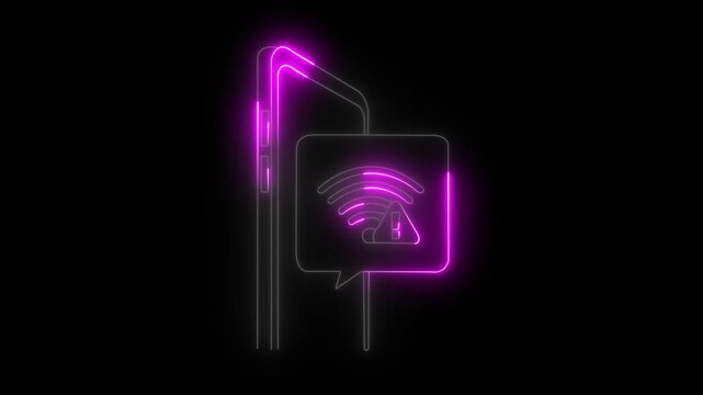 neon smartphone No internet connection found icon animation on black background. Lost Wireless Connection. No WIFI. mobile phone no WIFI signal. 4k motion video