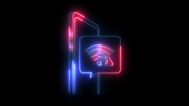 neon smartphone No internet connection found icon animation on black background. Lost Wireless Connection. No WIFI. mobile phone no WIFI signal. 4k motion video