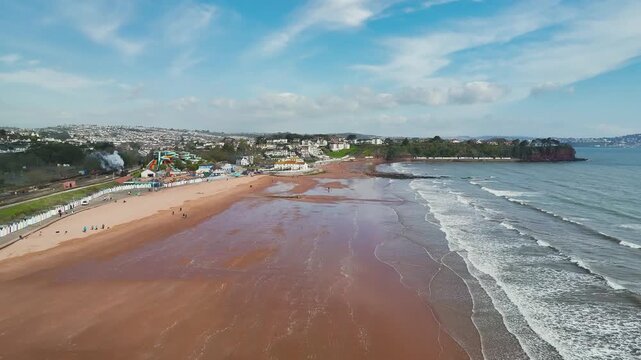 Steam Train over Goodrington Beach from a drone, Paignton, Devon, England, United Kingdom