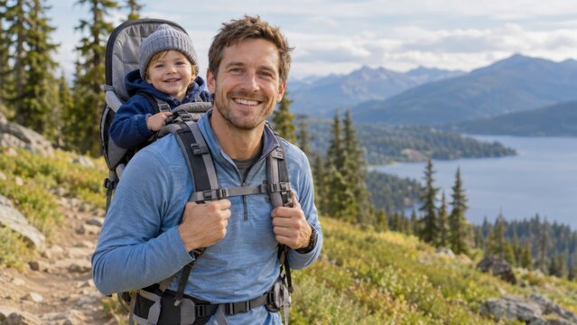 Smiling father hiking with young son in a child carrier backpack on a scenic mountain trail. concept of outdoor adventure, bonding, family leisure in nature