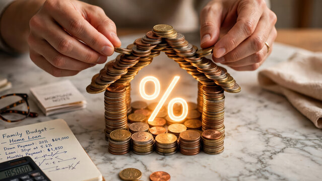 Interest rate money coin house loan finance savings budget mortgage hand