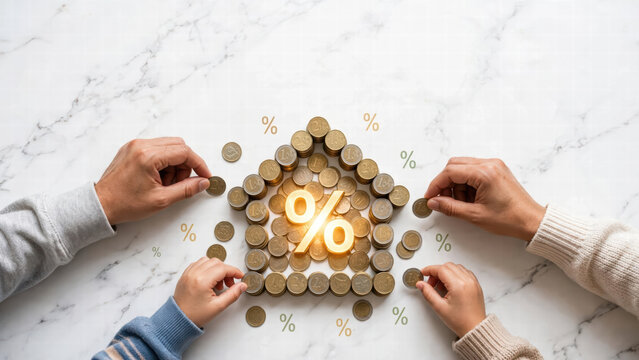 Percentage coin house savings finance investment interest rate money concept family hands marble background
