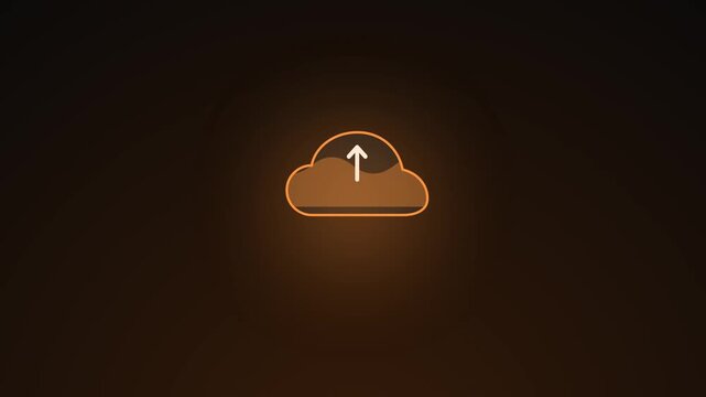 Cloud upload icon animation with a pulsing arrow symbol on a dark background showing data transfer