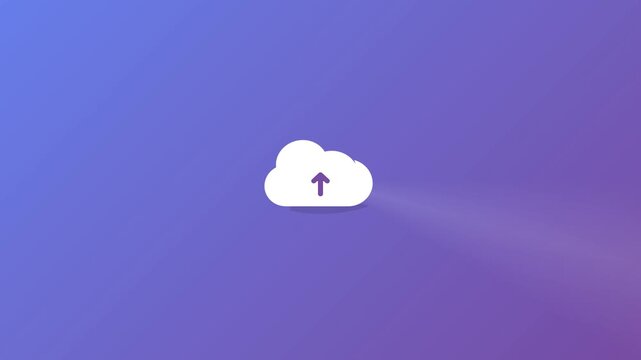 Cloud computing upload concept animation featuring a white cloud icon with an upward pointing arrow symbol centered against a smooth gradient purple background with soft lighting effects