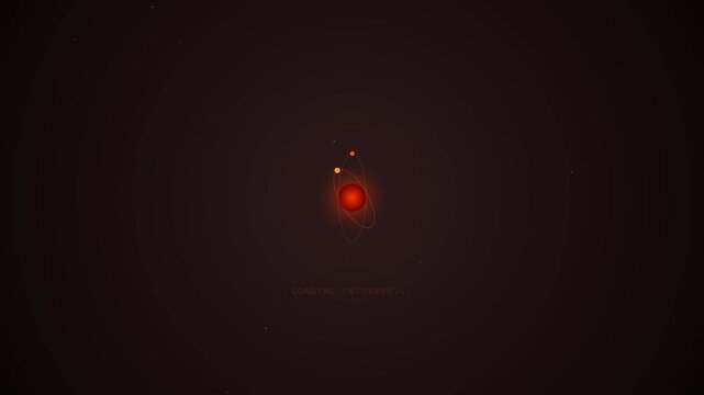 Loading universe animation featuring a glowing central star and orbiting planets with text prompt in dark space