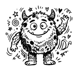 Obraz premium Cute Cartoon Furry Monster Waving Hand Black And White Doodle Illustration.
