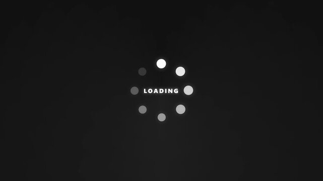 Loading process indicator with rotating glowing circles and text on a dark background for digital interfaces, websites, and applications web design element