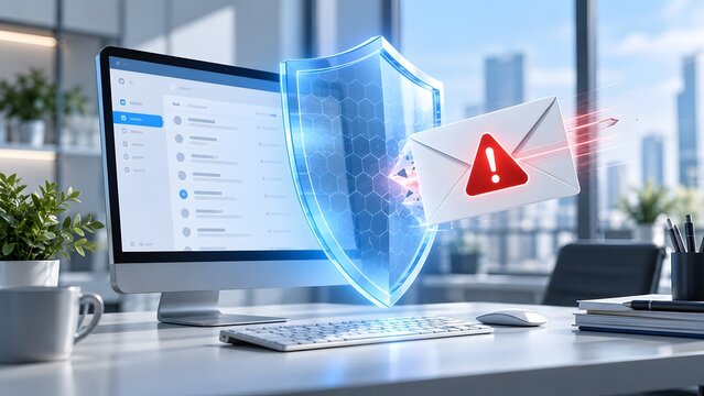 Glowing blue digital shield blocking malicious spam email attack on desktop computer illustrating strong firewall and cybersecurity protection