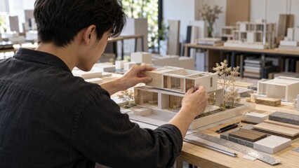 Fototapeta premium Asian architect examining residential scale model in modern architectural studio, focusing on design and urban planning concepts