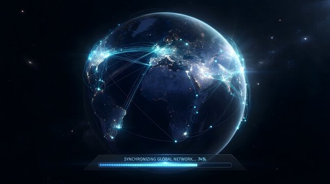 Global digital network synchronization concept featuring planet earth in outer space with glowing connection lines and a digital progress bar representing worldwide data transfer and connectivity.