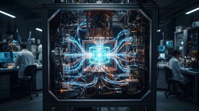 Advanced Quantum Computing Processor with Glowing Data Routing Pathways and Central Cubic Core Inside a High-Tech Research Laboratory with Scientists Working in Background