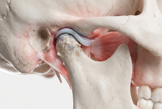 Close-up 3D Illustration of Temporomandibular Joint Anatomy Showing Mandibular Condyle, Skull and Ligaments, Medical Concept