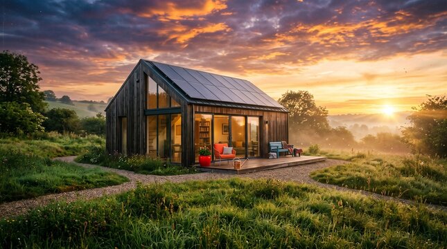 Modern eco house with solar energy panels under sunset sky, green sustainable living concept.