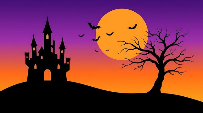 Spooky halloween castle silhouette with bare tree and bats flying against a large orange full moon