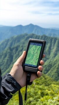 Hiker holding handheld gps navigator device navigating high mountain trail peaks