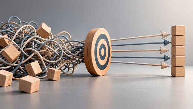 Conceptual image representing business simplification and efficiency where chaotic tangled lines pass through a target to become straight arrows hitting their goals and objectives.