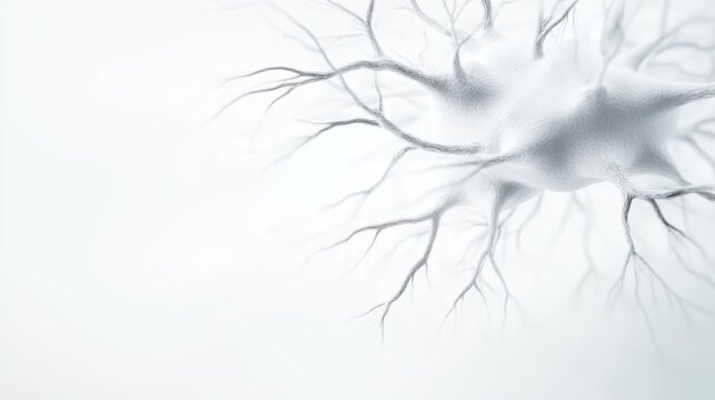 Abstract microscopic view of single biological nerve cell neuron with branching dendrites on a clean white background