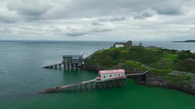 RNLI Tenby Lifeboat Station from a drone, Tenby, Pembrokeshire, Wales, England, United Kingdom