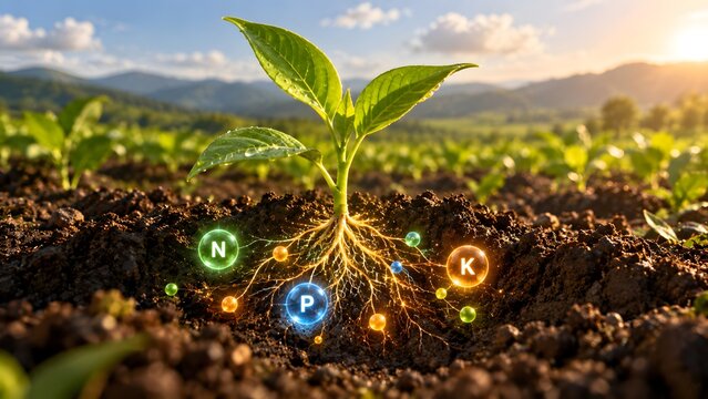 Young green seedling growing in fertile soil with glowing NPK nutrient icons representing nitrogen phosphorus and potassium fertilization for smart agriculture and plant biotechnology
