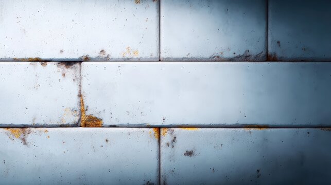 Industrial background featuring weathered metal tiles with orange corrosion stains and grungy textures