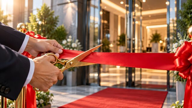Close-up of a businessman in a suit using golden scissors to cut a red ribbon during a grand opening ceremony at a luxury building entrance with a red carpet, symbolizing success and a new launch.