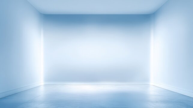 Minimalist blue empty room with bright illumination and smooth surfaces for presentation concept backdrop